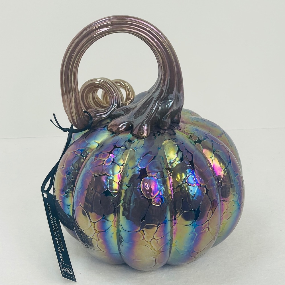 Tahari Home Iridescent Glass Pumpkin Oil Slick Rainbow Bubble Decor 7.5 Inch NEW - Picture 3 of 16